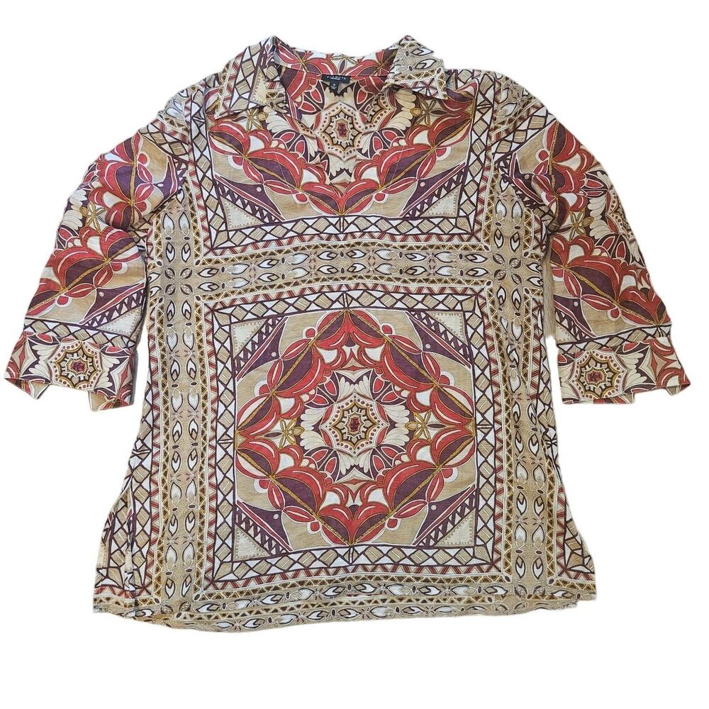 Talbots Multicolor Geometric Silk Linen 3/4 Sleeve Tunic Blouse sz 12 Minimalist